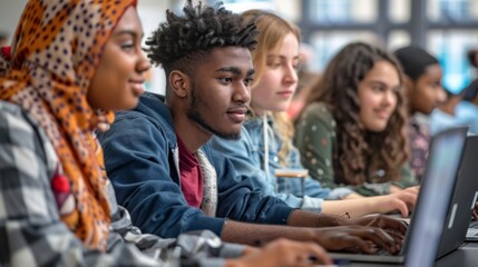 Fototapeta premium Diverse Group of Students Collaborating in Modern Classroom