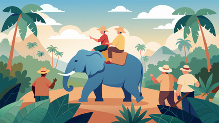 Sitting atop an elephant in Thailand a group of retirees wearing traditional bamboo hats and backpacks snap photos of the lush jungle that - obrazy, fototapety, plakaty