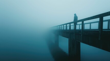 Lonely figure on a foggy bridge