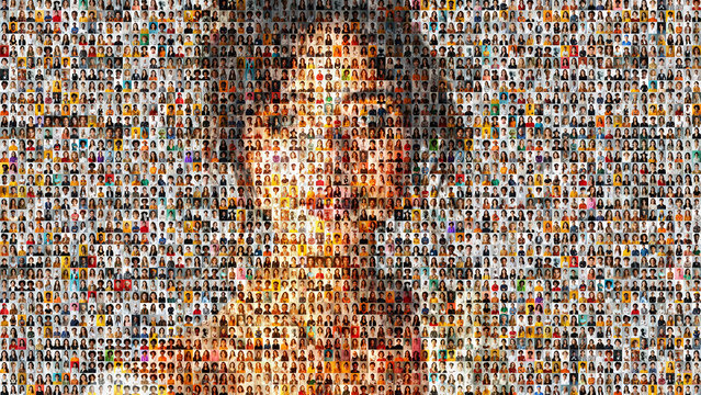 composite portrait featuring headshots of diverse women of all ages, genders, and ethnicities against a white gray and colorful flat background, celebrating inclusivity and diversity.