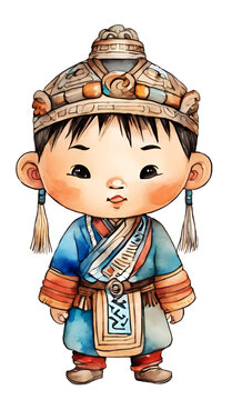 Watercolor and painting cute Chinese or Mongolia baby doll boy cartoon in National tribal ethnic costume