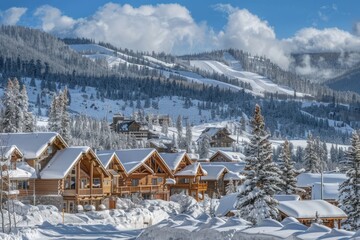 A picturesque mountain resort community with rustic cabins, alpine chalets, and ski-in:ski-out access to pristine slopes, Generative AI