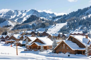 A picturesque mountain resort community with rustic cabins, alpine chalets, and ski-in:ski-out access to pristine slopes, Generative AI