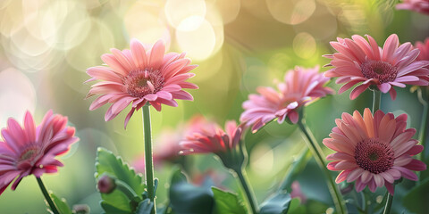 beautiful pink gerbera daisies, bokeh background, generative AI