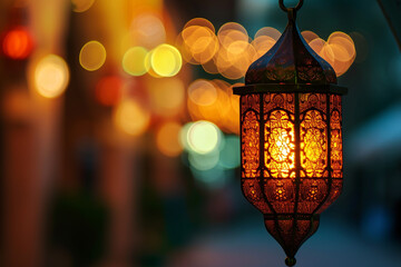 Ornamental Arabic lantern on evening street with blurred lights. Vintage lamp with pattern