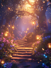 Enchanted Twilight Garden with Glowing Lanterns and Magical Fairy Lights