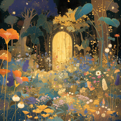 Enchanted Secret Garden Door Aglow with Fairy Lights and Colorful Flowers in Magical Night Forest