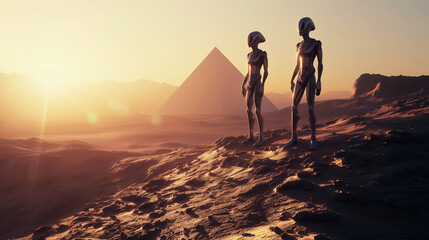 Alien observe Egyptian pyramids - obrazy, fototapety, plakaty