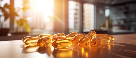 3D arrangement of vitamin E capsules on a blurred kitchen setting background,