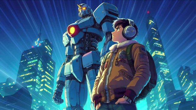 Anime-style boy Standing in front of a big, giant mecha robot, cyberpunk city, 90x anime, mecha illustration background