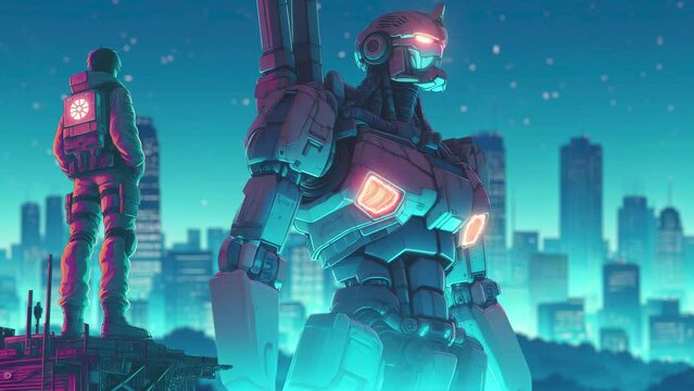 Anime-style boy Standing in front of a big, giant mecha robot, cyberpunk city, 90x anime, mecha illustration background