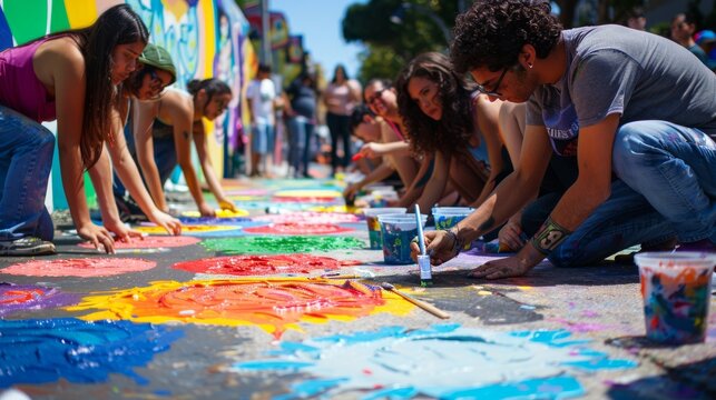 Community Mural Project: Diverse Group Painting Vibrant Images