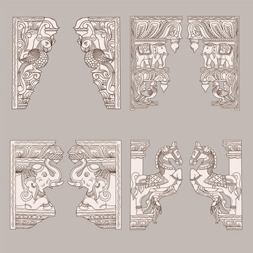 Vector Indian traditional style Parrot, horse and Elephant design corners