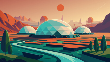 A panoramic view of a distant planet reveals lush fields of alien crops their vibrant colors in stark contrast to the rocky terrain surrounding