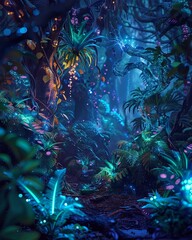 A whimsical forest filled with bioluminescent plants and mythical creatures, observed through the lens of a vintage camera, blending natures magic with the charm of nostalgia, 