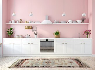 Modern kitchen interior with light pink walls