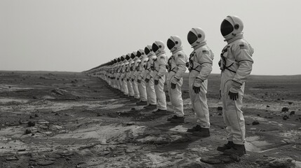 In a barren field a group of astronauts are lined up in perfect formation performing strict calisthenics under the watchful eye of their trainer. Their synchronized movements demonstrate . - obrazy, fototapety, plakaty