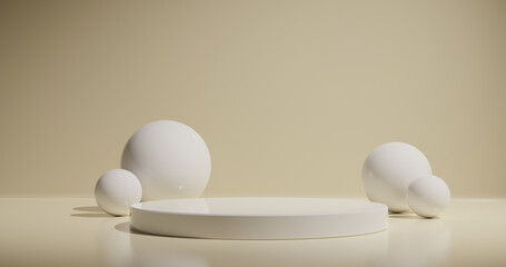Abstract minimal 3D render stage 
with empty podium for product mockup display and 4 spheres as decoration, Bright tone with light yellow background.