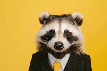 Obraz premium Portrait of a raccoon with human-like features wearing a business suit, posing with a serious expression on a yellow background.