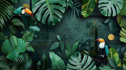 Naklejka premium Tropical Rain Forest Cartoon Illustration with Animals, Trees, and Plants