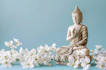 Vesak Day is holy day for Buddhists. Happy Buddha Day with Siddhartha Gautama statue with white flowers on blue background. Mental health and meditation concept. copy space with generative ai 