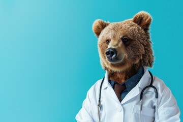 Brown bear in a doctor's white coat with a stethoscope, on a blue background. - obrazy, fototapety, plakaty