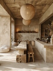Modern Rustic Kitchen Interior with Wooden Table and Textured Decor