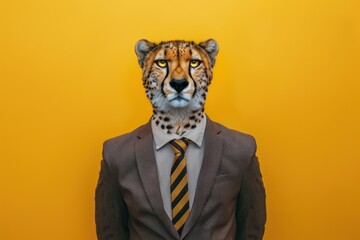 Cheetah in a business suit with a tie, against a yellow background. - obrazy, fototapety, plakaty