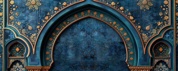 decorative Ramadan card template with arabic geometric pattern on navy blue canvas. Eid Mubarak