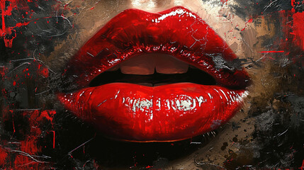 Very Close Up View of Beautiful Woman Lips With Red Color Paint Glossy Lipstick Selective Focus