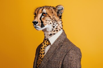 Cheetah in a business suit, looking to the side, on a yellow background.