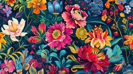 Fototapeta na wymiar vibrantly colored, elegant vintage floral patterns with tropical flowers