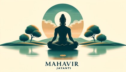 Illustration for mahavir jayanti with silhouette of lord mahavira seated in meditation. - obrazy, fototapety, plakaty