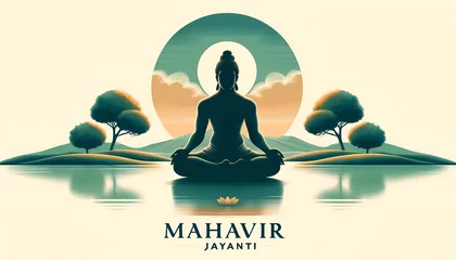 Foto auf Acrylglas Illustration for mahavir jayanti with silhouette of lord mahavira seated in meditation. © Milano