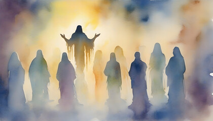 Watercolor painting of Jesus Christ appears to his followers. - obrazy, fototapety, plakaty
