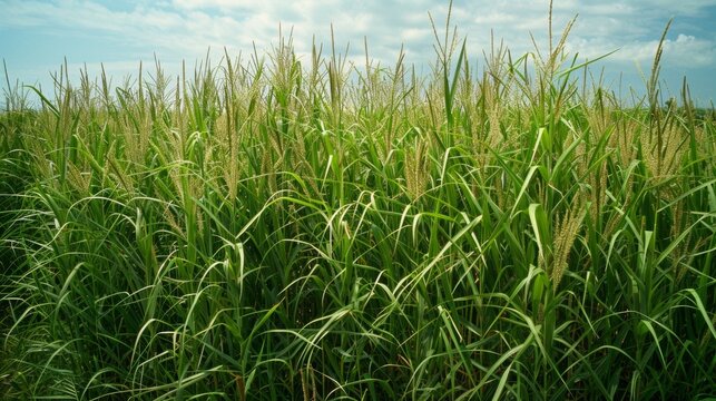 A photograph of a large field of switchgrass a commonly used biofuel crop with a caption detailing how this plant can be converted into a sustainable fuel source. .