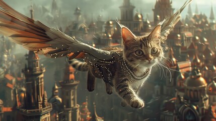 Whimsical Cat with Wings Soaring Over Cityscape