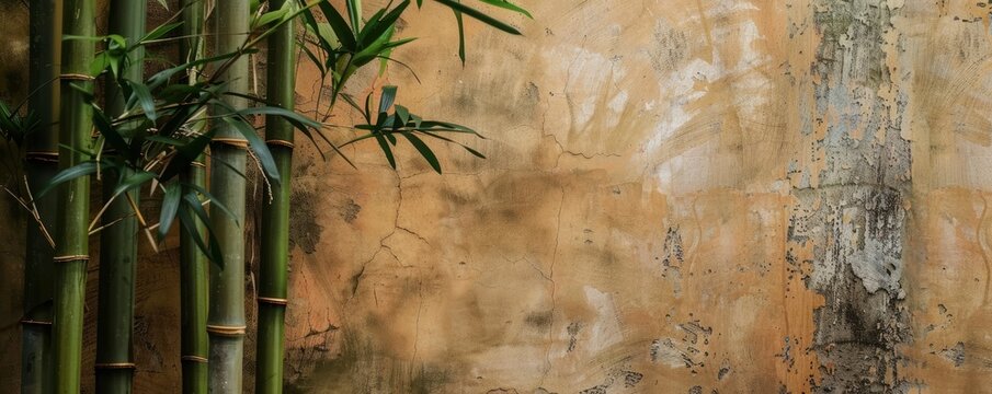 Fototapeta  colour stucco wall with bamboo and copy space