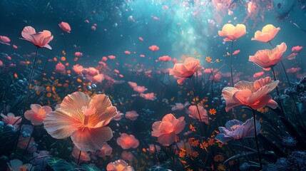 Fototapeta na wymiar Psychic Garden: Surreal Digital Canvas of Vibrant, Otherworldly Flowers