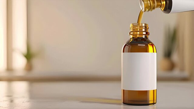 An essential oil being poured into a small jar with a blank white label against a beige background