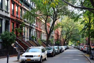 Fototapeta premium An architecturally diverse city neighborhood with a mix of historic brownstones, modern condos, and trendy loft conversions, Generative AI