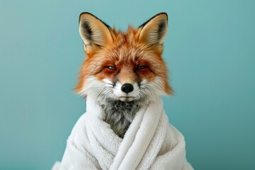 Obraz premium Fox in a white bathrobe with a serene look on a blue background.