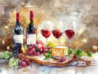 Cheese, fruits, bottles and glasses with wine.