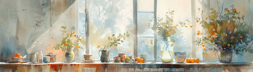 Morning light streams through the window and green plants in pots create a warm and refreshing atmosphere. - obrazy, fototapety, plakaty