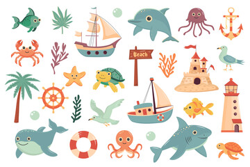 Naklejka premium Nautical summer set. Cute sea animals, nautical elements, marine plants. Summer holidays, tropical vacation, maritime, sea coast, marine life, nautical concept.