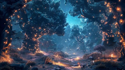 Enchanted Night in the Ancient Forest - obrazy, fototapety, plakaty