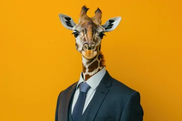 Foto op Plexiglas Giraffe in a business suit with a tie on a yellow background. © evgenia_lo