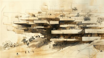 architectural concept of multi-tiered structure with uneven, wavy lines suggesting multiple floors or shelves and drawing inspired by a hand-drawn sketch
