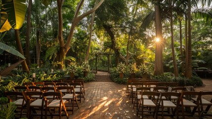 The tranquil setting of the ceremony surrounded by lush greenery and soft light provides a peaceful escape from the chaos of daily . .