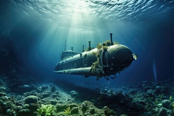 Deep Sea Dive: Submarine descending into the deep sea. - obrazy, fototapety, plakaty
